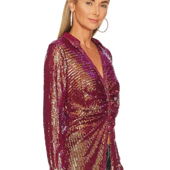 BNWT! Free People Sheer Sequin Shirtee Top in Dark Rhubarb Size XS - Picture 3 of 6
